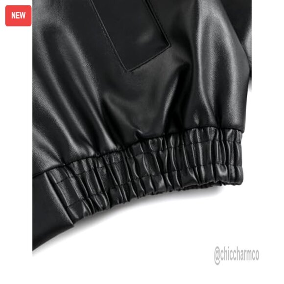 Cropped Faux Leather Jacket Y2K Motorcycle Bomber Streetwear Lightweight - Picture 5 of 6